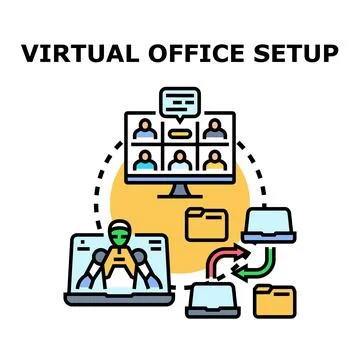 Virtual office setup facilitating remote team collaboration and online meetin Stock Illustration