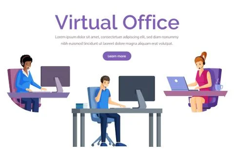 Virtual office web banner vector template. Support, distant work, freelance web Stock Illustration