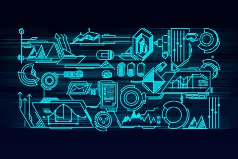 Virtual panel screen with data digital technology high tech Illustrazione stock