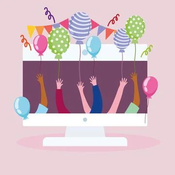 Virtual party, computer and people celebration event balloons Illustrazione stock