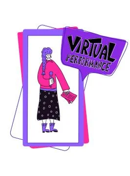 Virtual performance concept. Stylized hand drawn text with young fancy woman  Stock Illustration