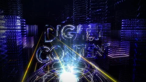 Virtual platform. Artificial circles projecting the word digital content in 3D. Video stock 147331444