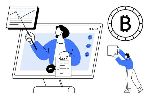 Virtual Presentation with Bitcoin Concept and Data Analysis for Online Lear.. Illustrazione stock