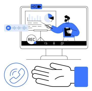 Virtual Presentation Concept Online Meeting with Charts and Analytics, Comm.. Stock Illustration