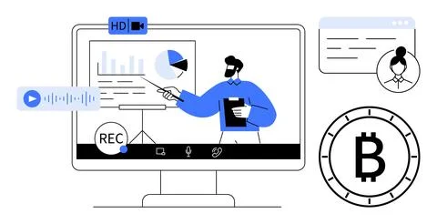 Virtual Presentation on Cryptocurrency with Analytics and Video Recording E.. 스톡 일러스트