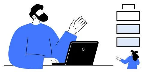 Virtual Presentation with Laptop and Flowchart 스톡 일러스트
