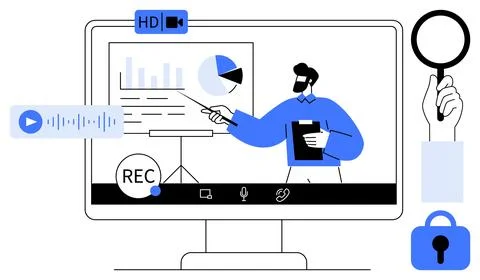 Virtual Presentation with Recording and Security Elements in a Remote Learn.. 库存插图