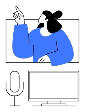 Virtual Presentation Setup with Speaker on Screen, Microphone, and Monitor Stock Illustration