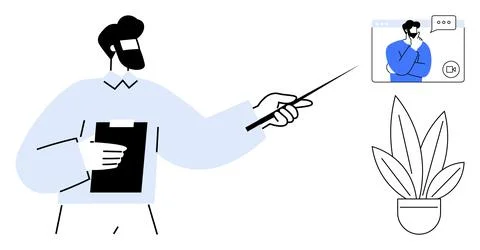 Virtual Presentation with a Stick Pointer and Notepad, Video Call Screen, a.. Stock Illustration