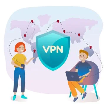 Virtual private network and cybersecurity concept. People using VPN for compu Illustrazione stock