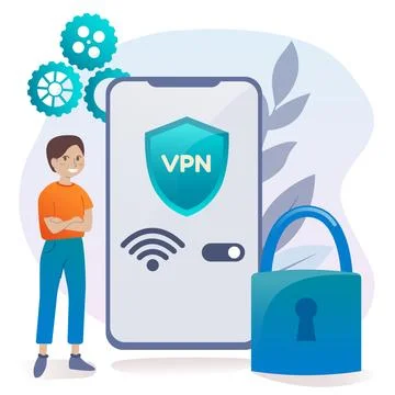 Virtual private network and cybersecurity concept. Person using VPN for smart 스톡 일러스트