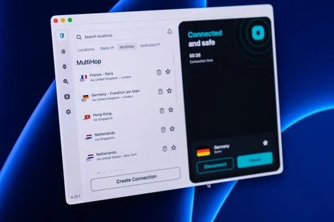 A virtual private network application window displays active multihop Stockfoto's