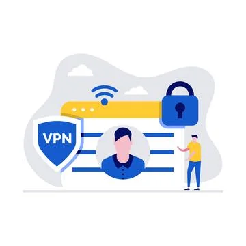 Virtual private network concept with characters. Man using VPN to protect h.. Stock Illustration