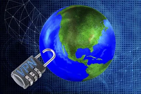 Virtual Private Network lock on Earth model, control, limiting use of Inter.. Illustrazione stock