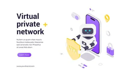 Virtual Private Network Modern Isometric Banner Template With Robot And VPN.. Illustrazione stock