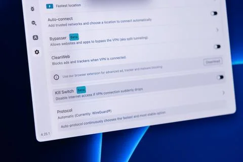 A virtual private network software interface menu displaying advanced security Фото