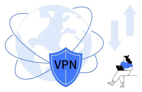 Virtual Private Network VPN Security Shield with Globe and Woman Using Laptop Illustrazione stock