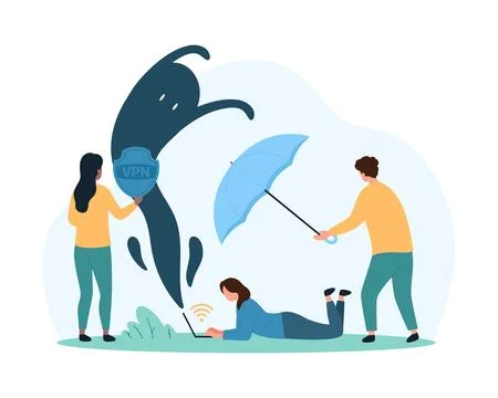 Virtual Private Network, VPN service, tiny people protect data from attacks with Illustrazione stock
