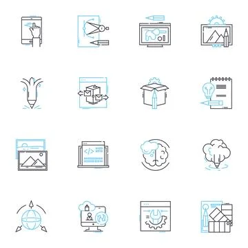 Virtual processing linear icons set. Digitization, Automation, Interactivity Stock Illustration