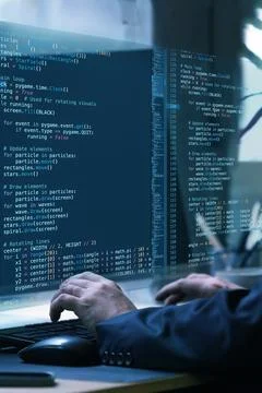 Virtual programming environment combining fictional program code, showcasing Foto stock