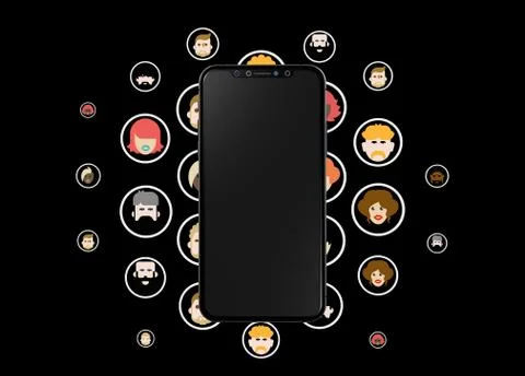 The virtual projection of a black smartphone and social network on a black ba Illustrazione stock