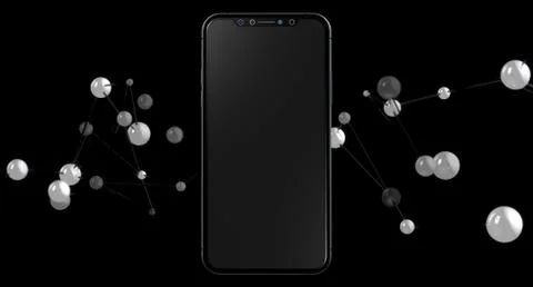 The virtual projection of a black smartphone and digital network on a black b Illustrazione stock