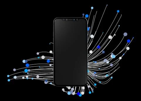 The virtual projection of a black smartphone and digital network on a black b Illustrazione stock
