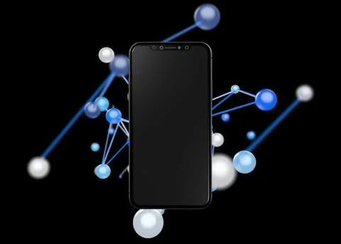 The virtual projection of a black smartphone and digital network on a black b Illustrazione stock