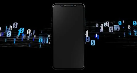 The virtual projection of a black smartphone and a digital code on a black ba Illustrazione stock