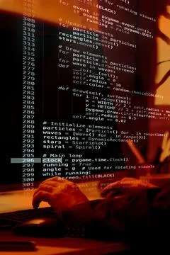 Virtual projection of fictional code with dynamic elements, highlighting Stock Photos