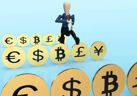 Virtual puppet jumping over golden coins Stock Illustration