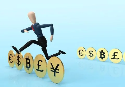 Virtual puppet jumping over golden coins Stock Illustration