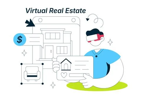 Virtual Real Estate Illustration Featuring VR Property Tours, Immersive Hom.. 스톡 일러스트