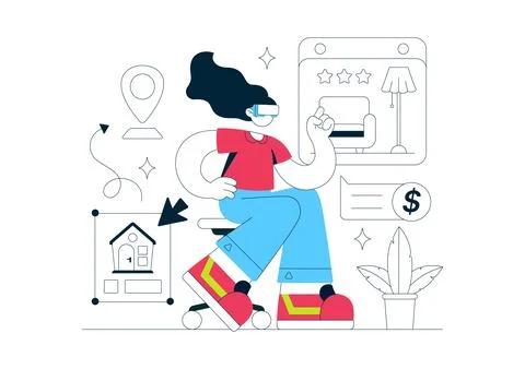 Virtual Real Estate Illustration Featuring VR Property Tours, Immersive Hom.. Stock Illustration