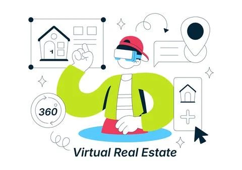 Virtual Real Estate Illustration Featuring VR Property Tours, Immersive Hom.. Stock Illustration