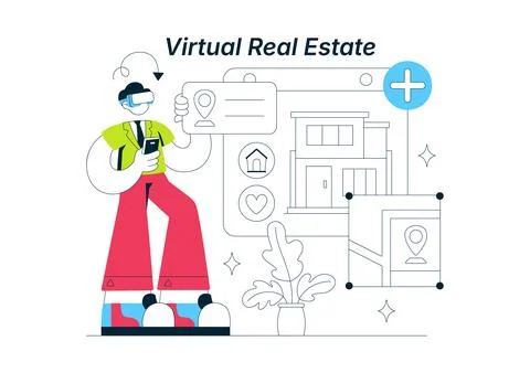 Virtual Real Estate Illustration Featuring VR Property Tours, Immersive Hom.. 스톡 일러스트