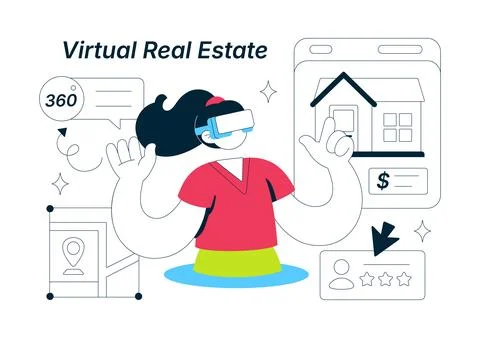 Virtual Real Estate Illustration Featuring VR Property Tours, Immersive Hom.. Stock Illustration