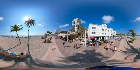 Virtual reality 360 footage motion stabilized Hollywood Beach Boardwalk Flori Stock Footage 87572653