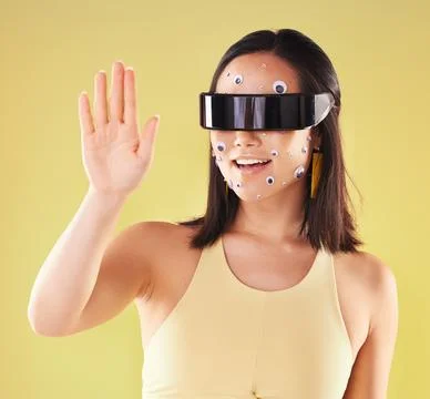 Virtual reality, 3d metaverse and woman in vr, exploring cyber world or Stock Photos