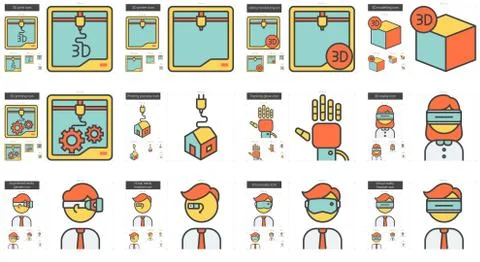 Virtual reality and 3D technology line icon set Stock Illustration
