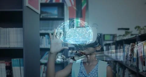 Virtual reality and artificial intelligence concepts over child in library Stock Photos