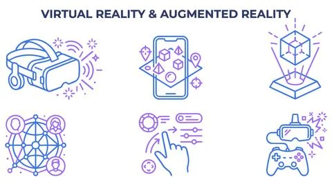 Virtual reality and augmented reality technology icons set with three dimen.. Stock Illustration