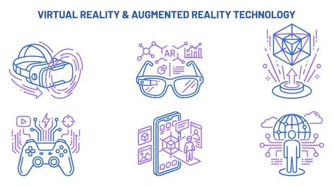 Virtual reality and augmented reality technology line art icon set with hol.. Stock Illustration