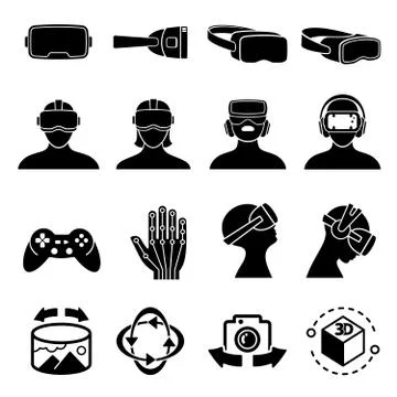 Virtual reality and headset glasses vector icons. Simulation game and vr Illustrazione stock