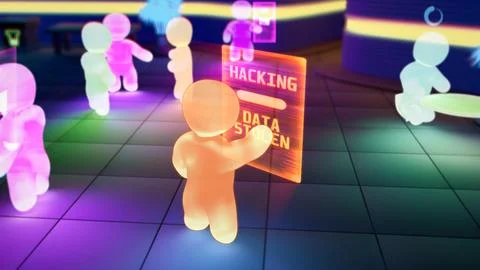 Virtual reality avatar of person is hacking with virtual screen 스톡 일러스트