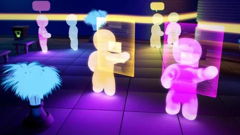 Virtual reality avatars of users downloading or buying photos on-line Stockillustratie