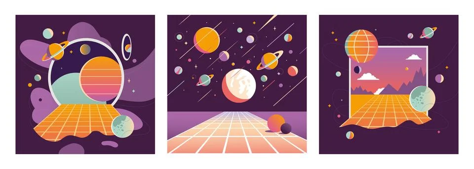 Virtual reality backgrounds set, cartoon style. Cyberspace entry concept, w.. Stock Illustration
