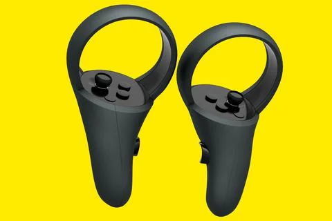 Virtual reality black controllers for online and cloud gaming on yellow 스톡 일러스트