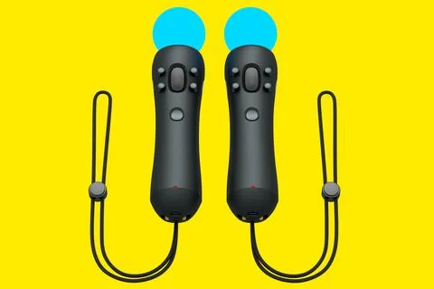 Virtual reality black controllers for online and cloud gaming on yellow Stock Illustration