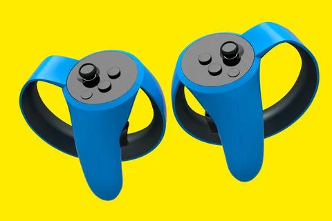 Virtual reality blue controllers for online and cloud gaming on yellow Stock Illustration